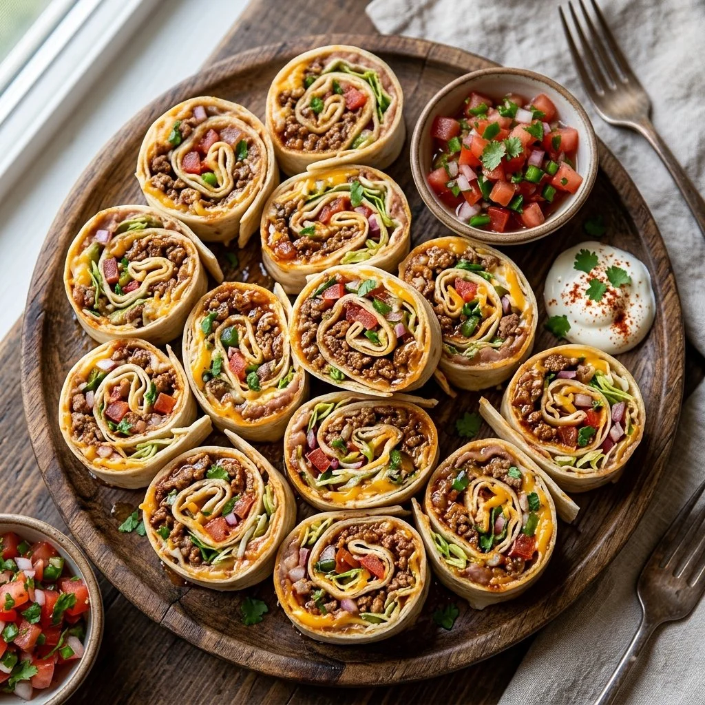 Delicious Taco Pinwheels rolled with tortillas and filled with savory ingredients