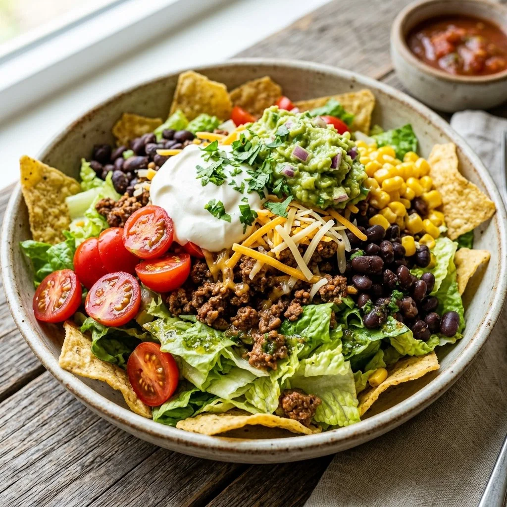 Delicious taco salad with fresh ingredients served in a bowl