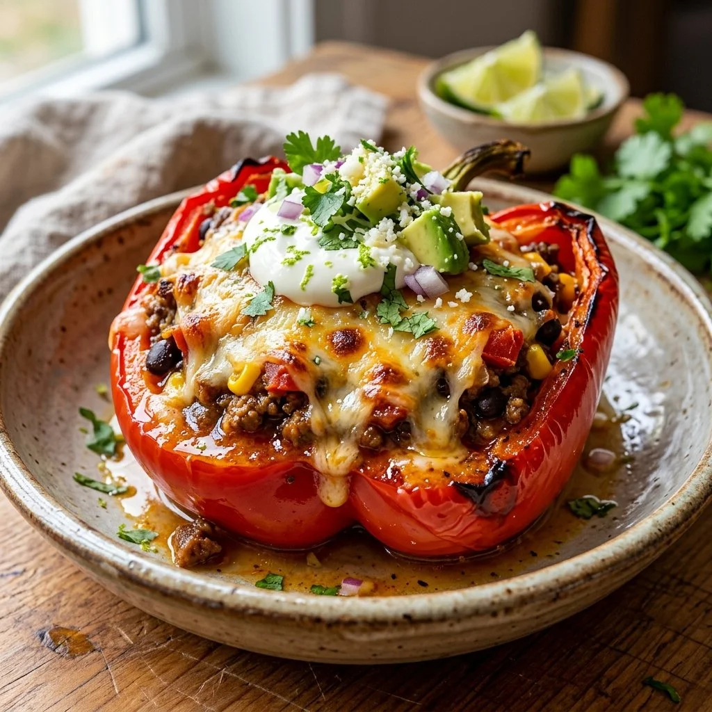 Image of Taco Stuffed Peppers filled with seasoned beef and cheese
