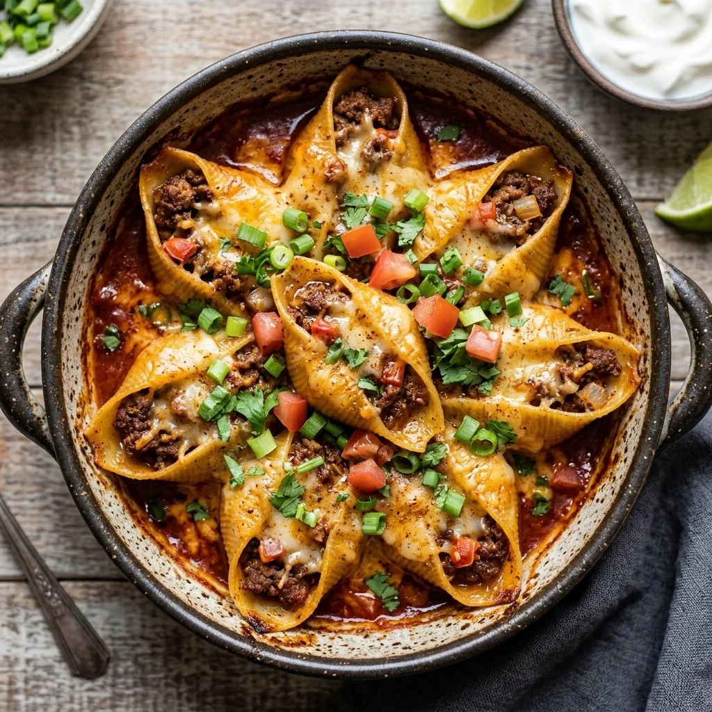 Delicious Taco Stuffed Shells filled with seasoned beef and cheese