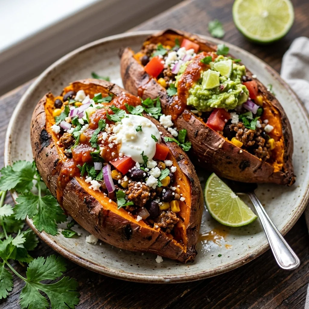 Taco stuffed sweet potatoes topped with cheese, salsa, and avocado slices.