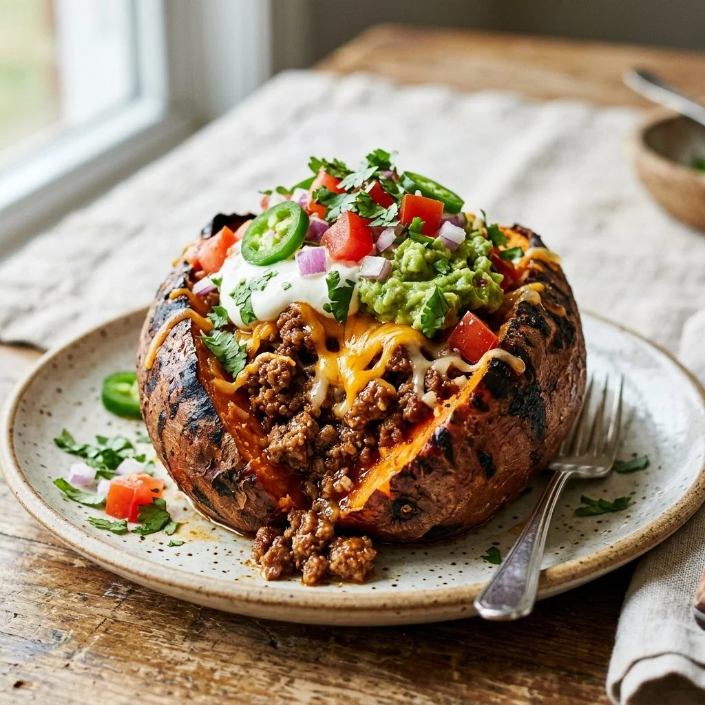 Delicious taco stuffed sweet potatoes topped with fresh ingredients.