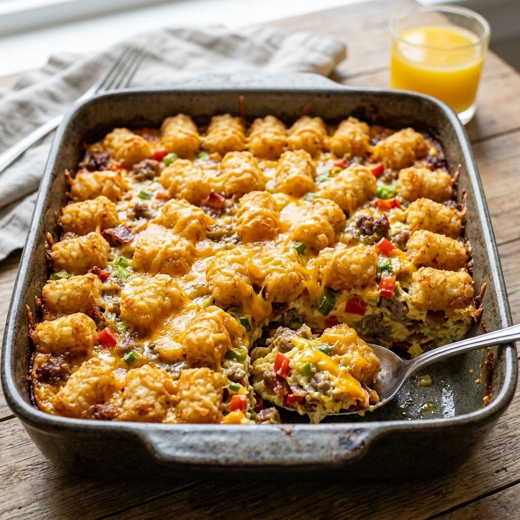 Delicious Tater Tot Breakfast Casserole topped with cheese and green onions
