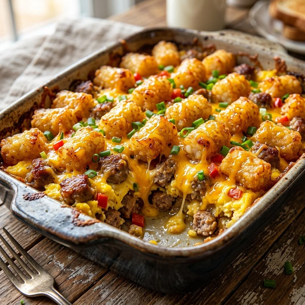 Delicious Tater Tot Breakfast Casserole fresh out of the oven.