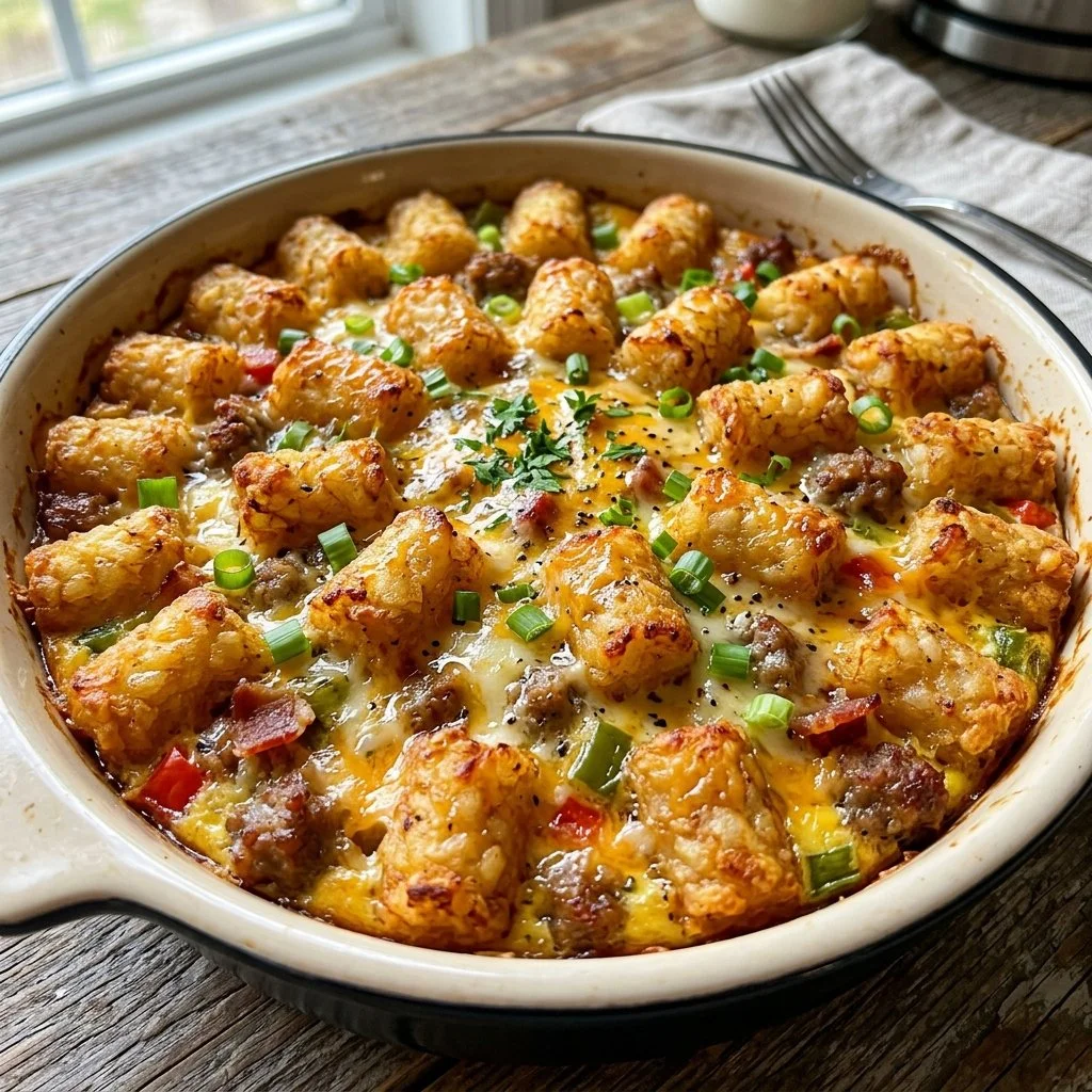 Delicious Tater Tot Breakfast Casserole with eggs and cheese