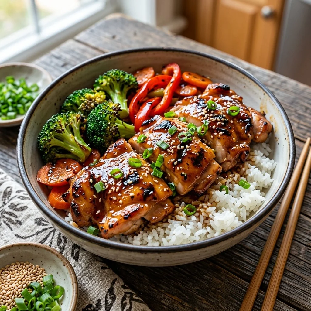 Delicious teriyaki chicken bowl topped with fresh vegetables and sauce
