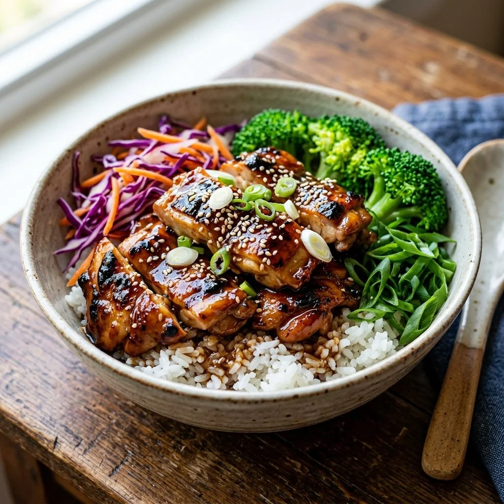 Delicious teriyaki chicken bowls with colorful vegetables and rice.