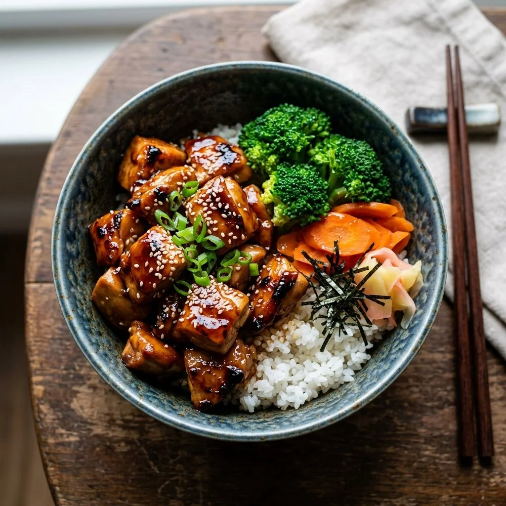 Teriyaki chicken bowl with vegetables and rice