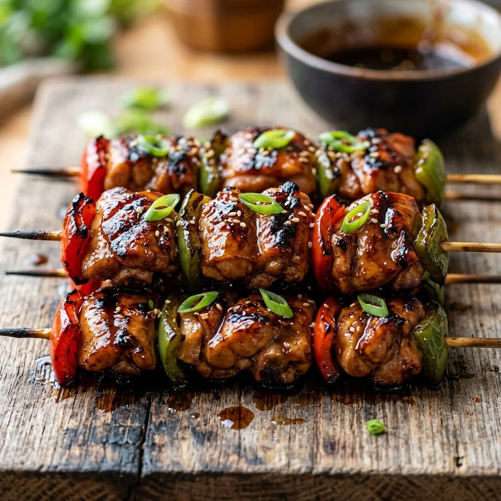 Grilled teriyaki chicken skewers ready to serve, garnished with green onions.