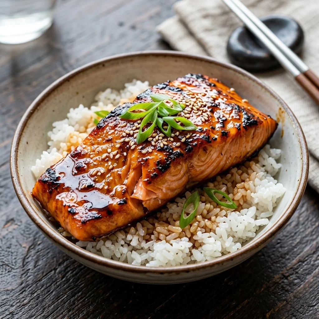 Grilled teriyaki salmon fillet with garnishes on a plate