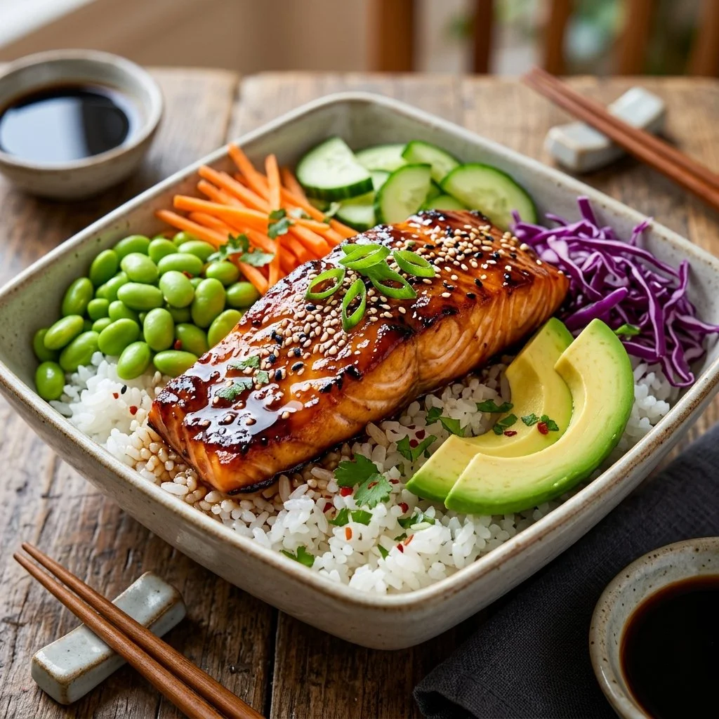 Delicious teriyaki salmon bowl topped with vegetables and garnished with sesame seeds