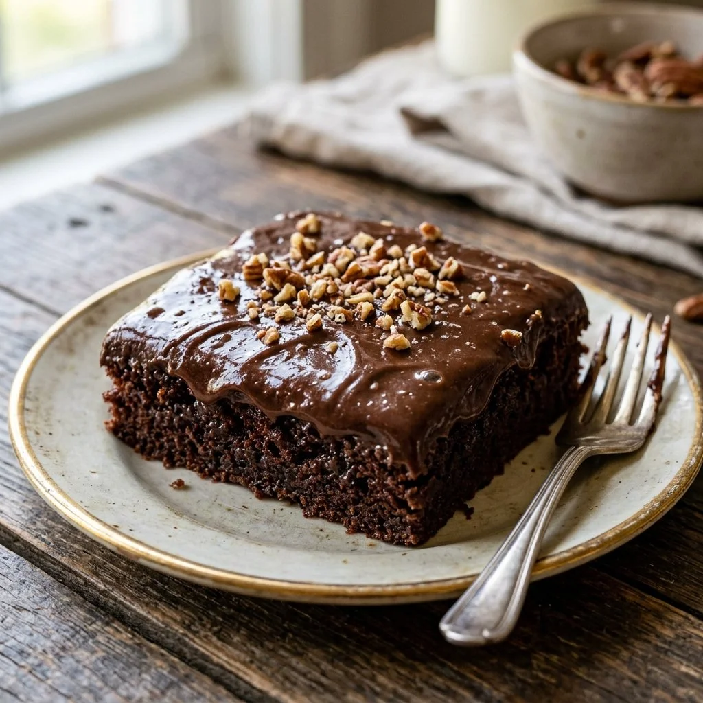 Delicious Texas Sheet Cake with chocolate frosting and nuts served on a platter