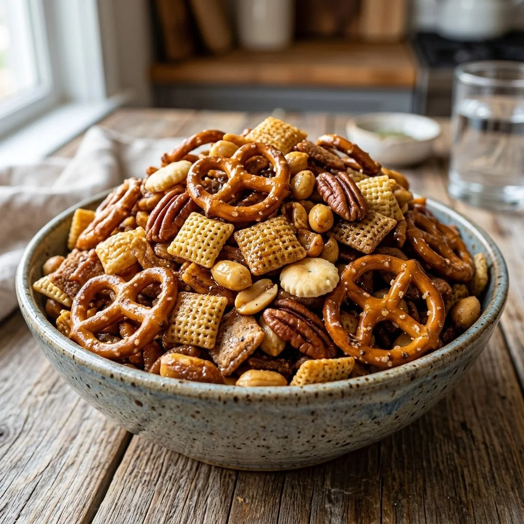 Delicious Texas Trash Mix featuring a blend of nuts, pretzels, and spices.
