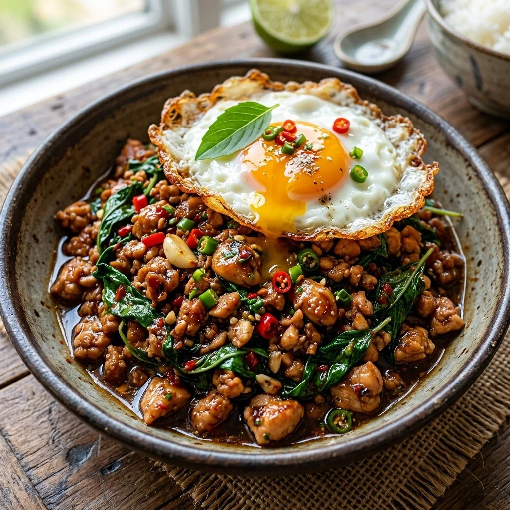 Delicious Thai Basil Chicken served with fresh vegetables and rice.