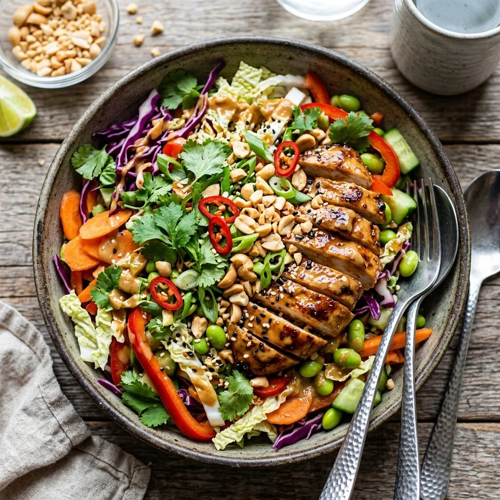 Delicious Thai Peanut Chicken Salad with vibrant vegetables and chicken