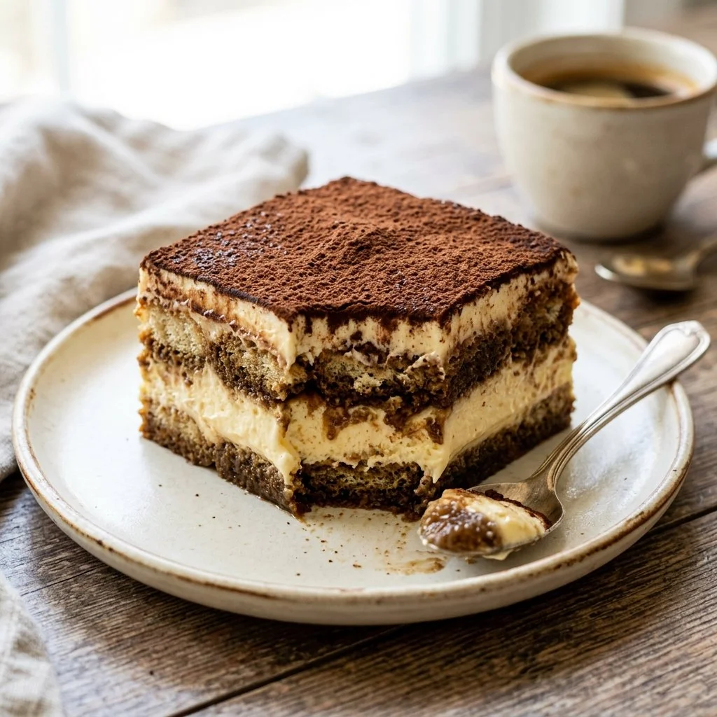 Delicious homemade Tiramisu dessert served in a glass dish
