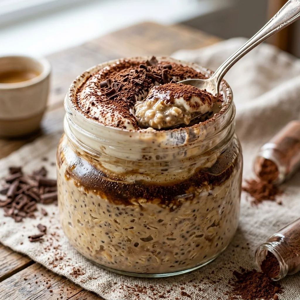 A bowl of tiramisu overnight oats topped with cocoa and chocolate shavings.