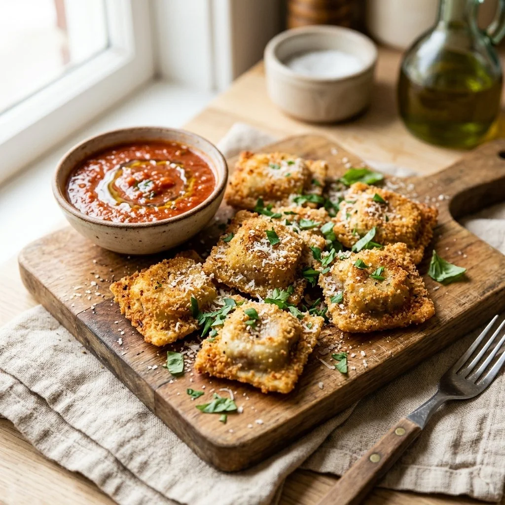 Plate of crispy toasted ravioli served with marinara sauce for dipping