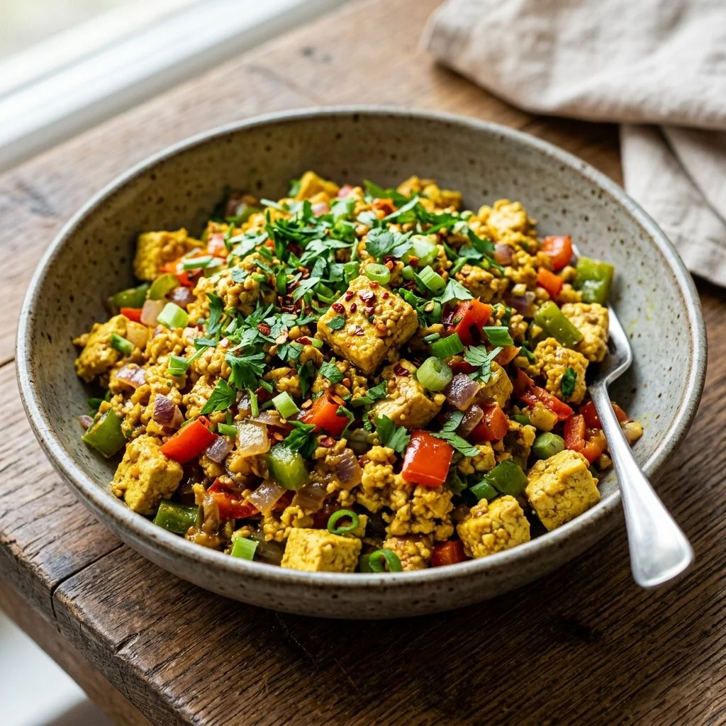 Delicious tofu scramble served in a bowl with vegetables and spices