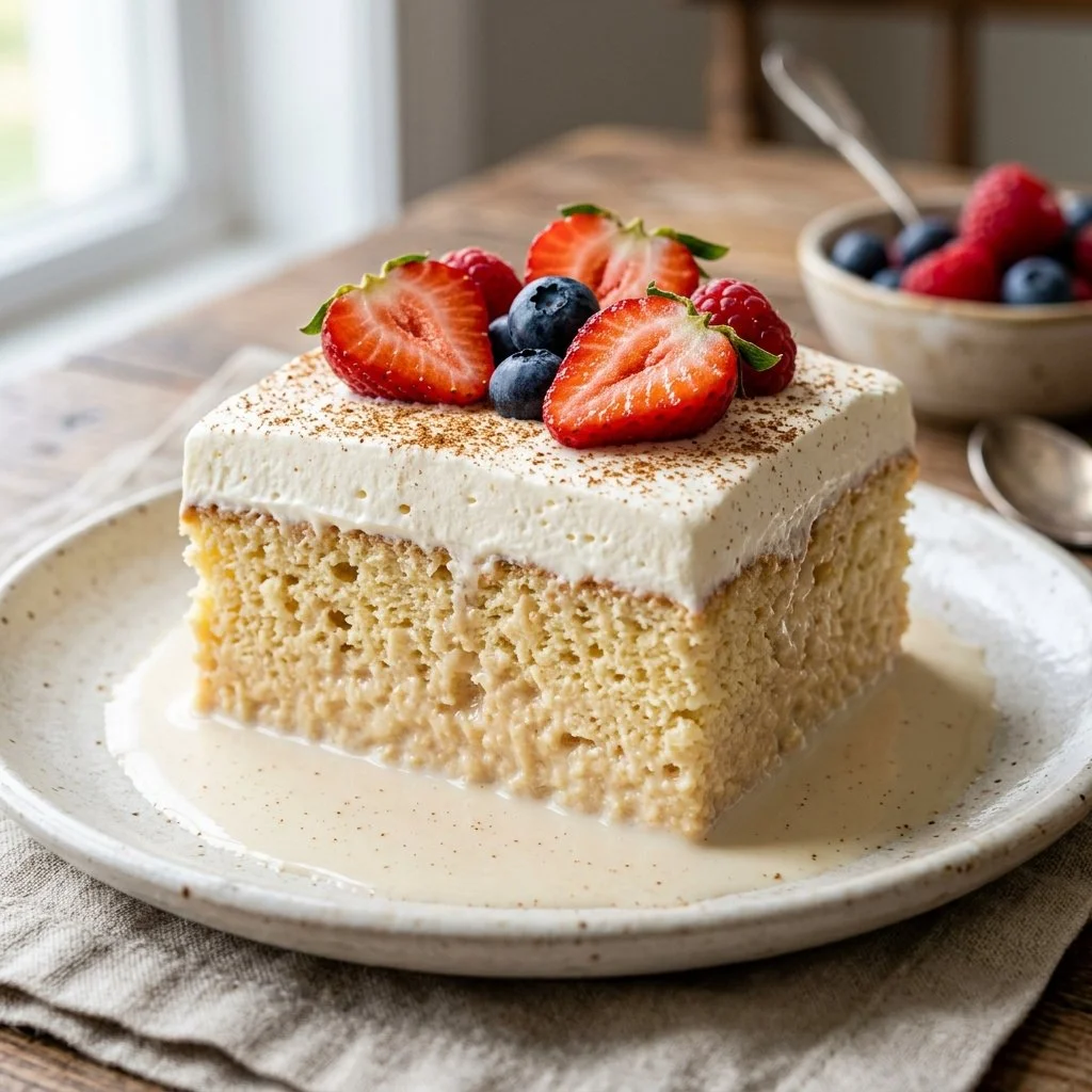 Delicious Tres Leches Cake topped with whipped cream and fresh berries