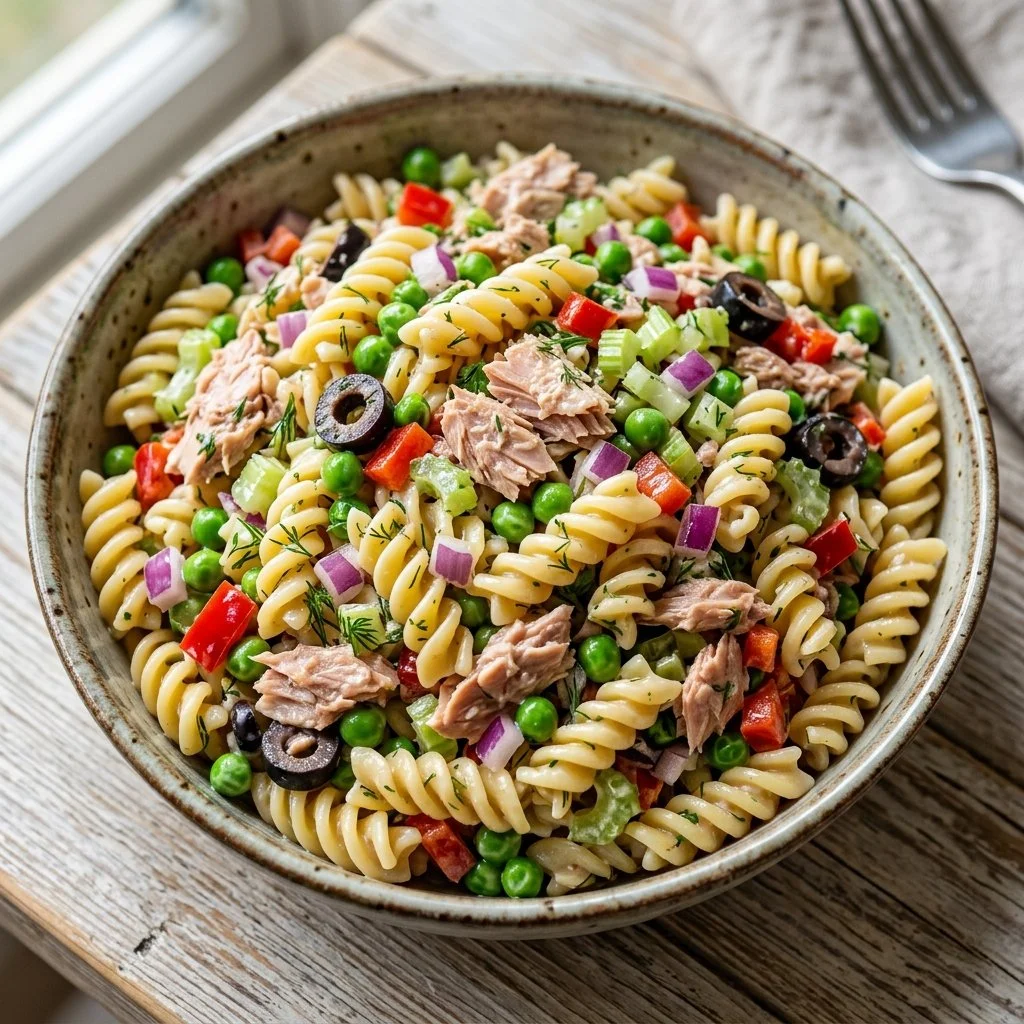 Bowl of colorful Tuna Pasta Salad with vegetables and dressing