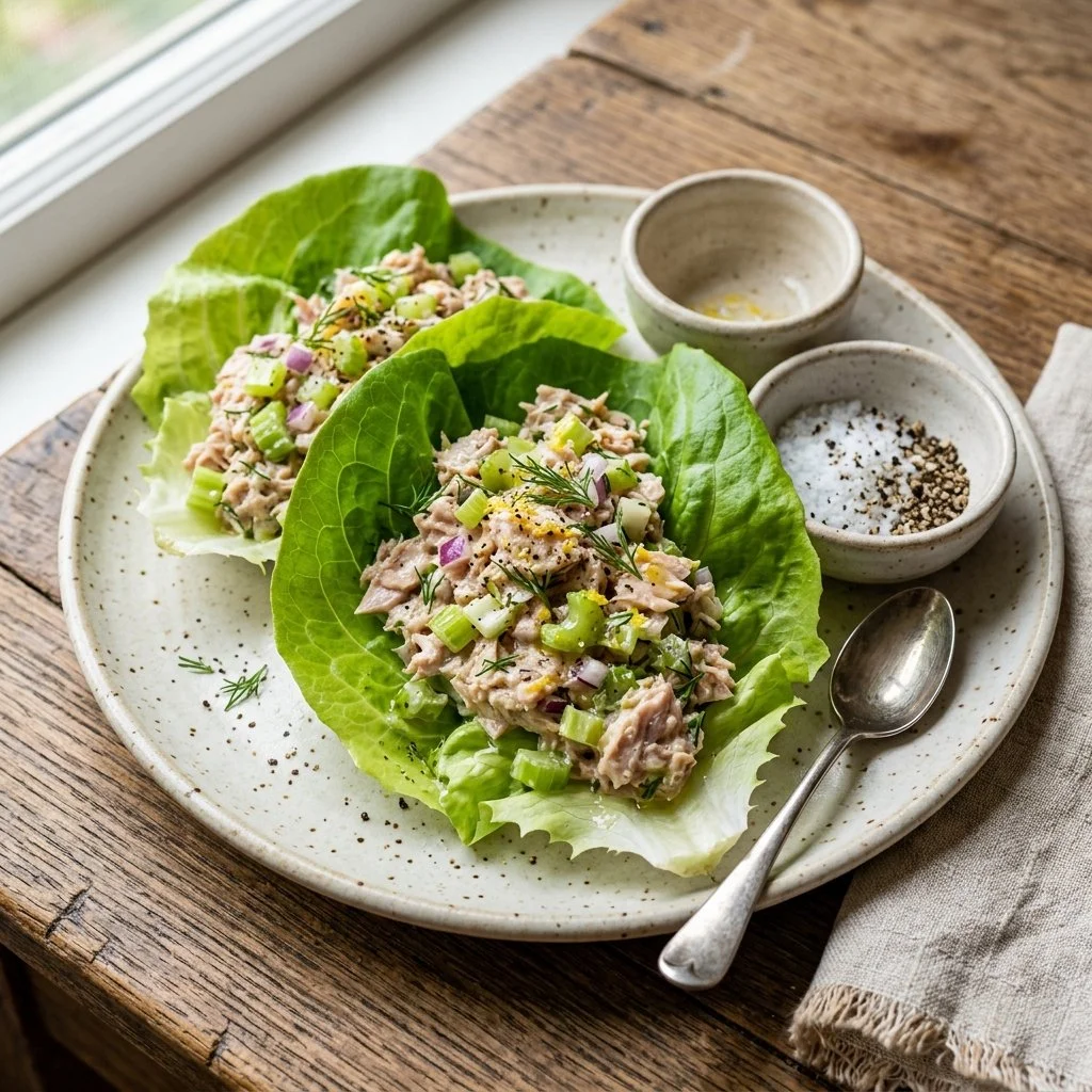 Tuna salad lettuce wraps with fresh vegetables