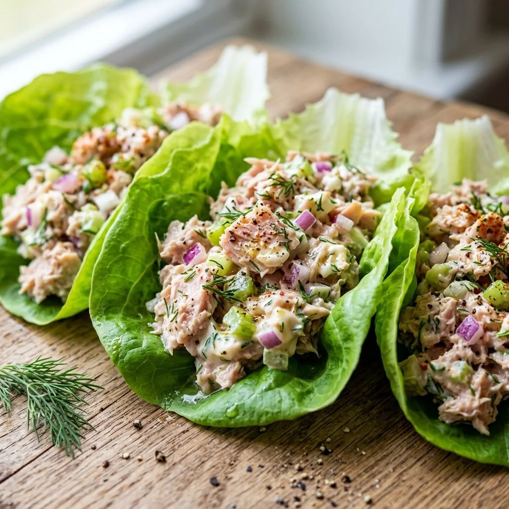 Tuna salad lettuce wraps served on a plate with colorful vegetables.
