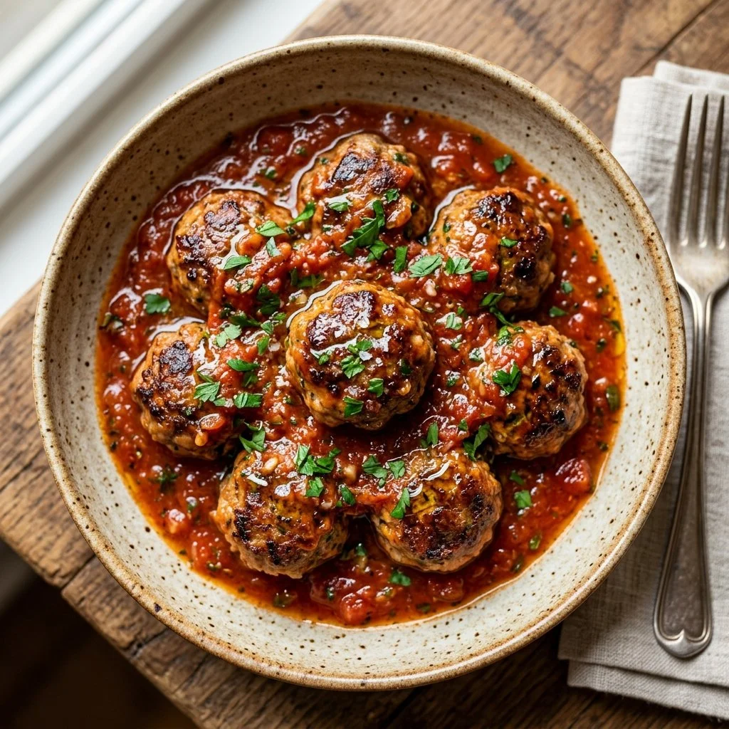 Plate of homemade turkey meatballs garnished with herbs and tomatoes.