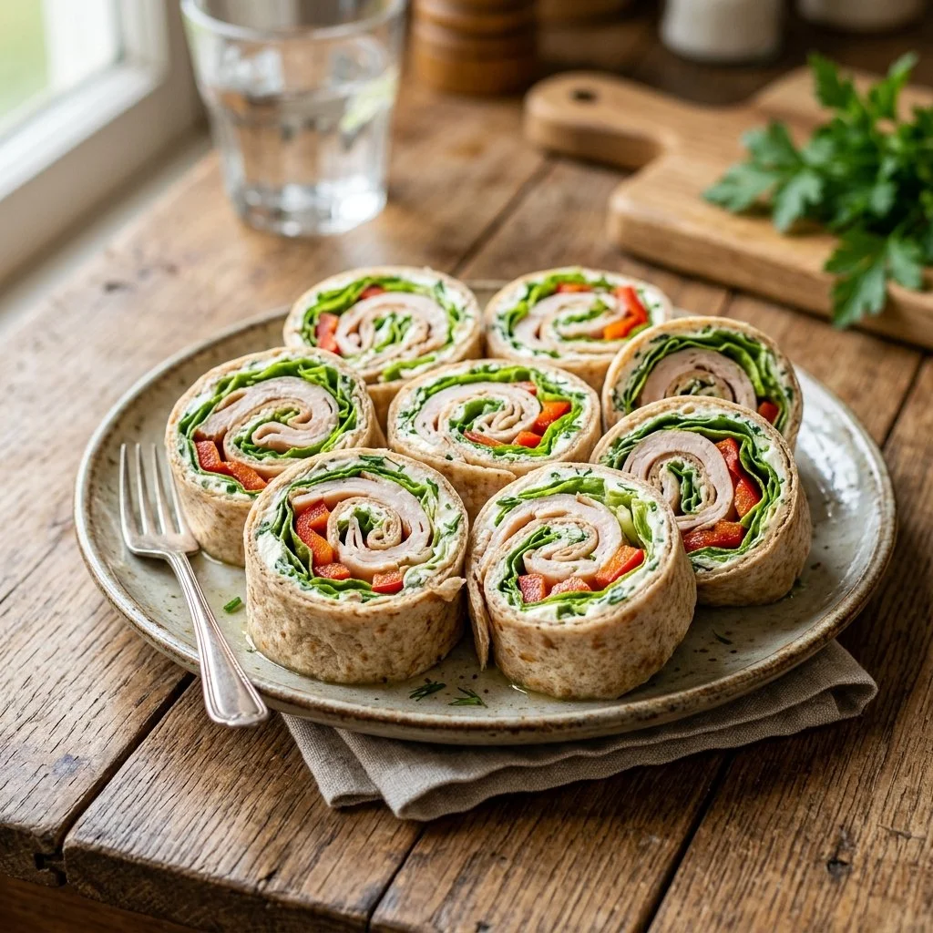Delicious turkey pinwheels ready to serve as a healthy snack or appetizer.