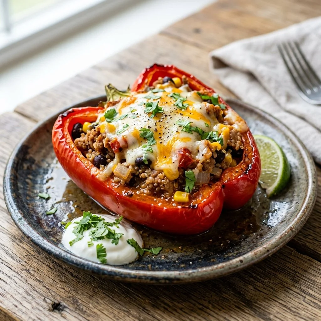 Turkey stuffed peppers on a plate, a healthy dinner recipe rich in flavor.