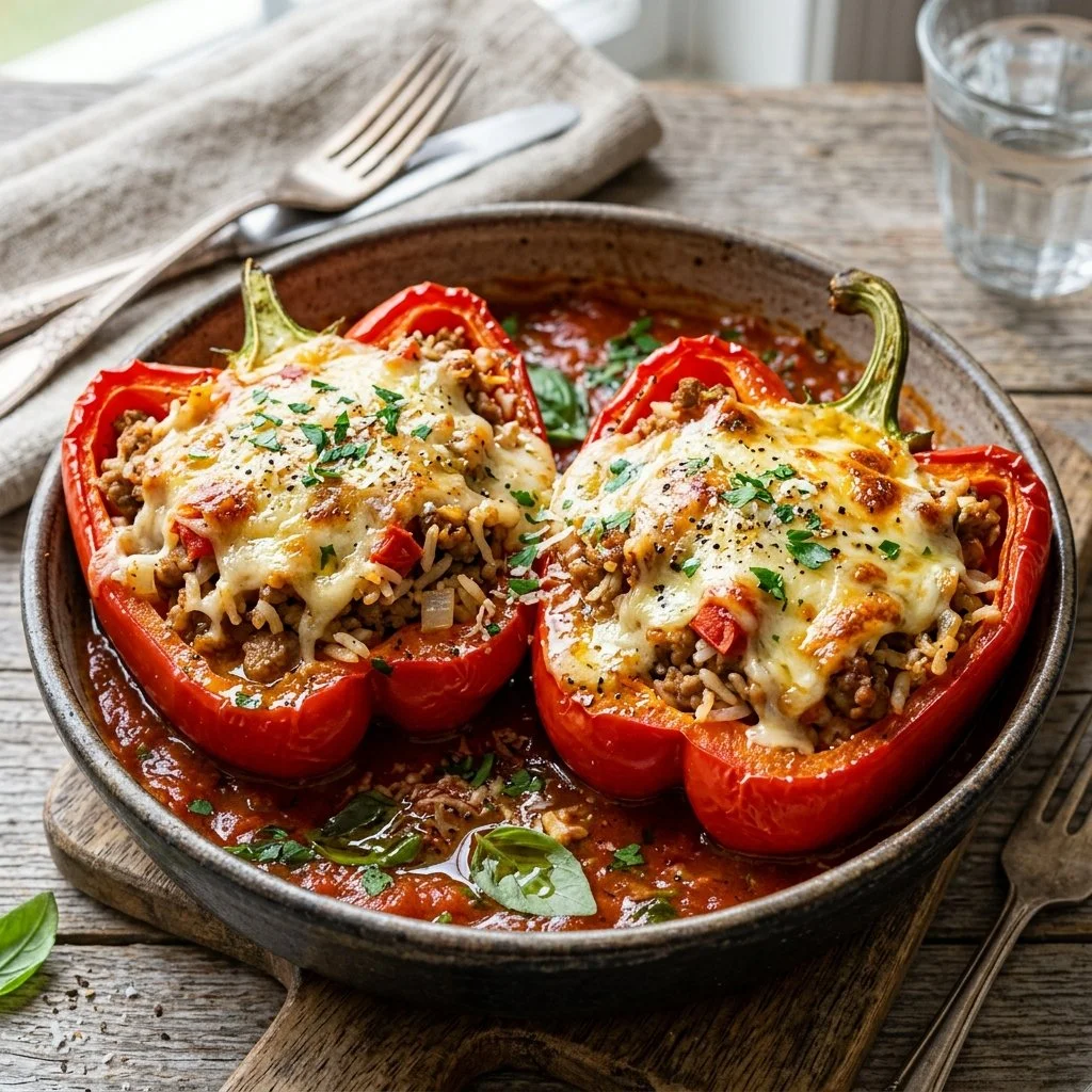 Baked Turkey Stuffed Peppers with rice and spices on a serving plate