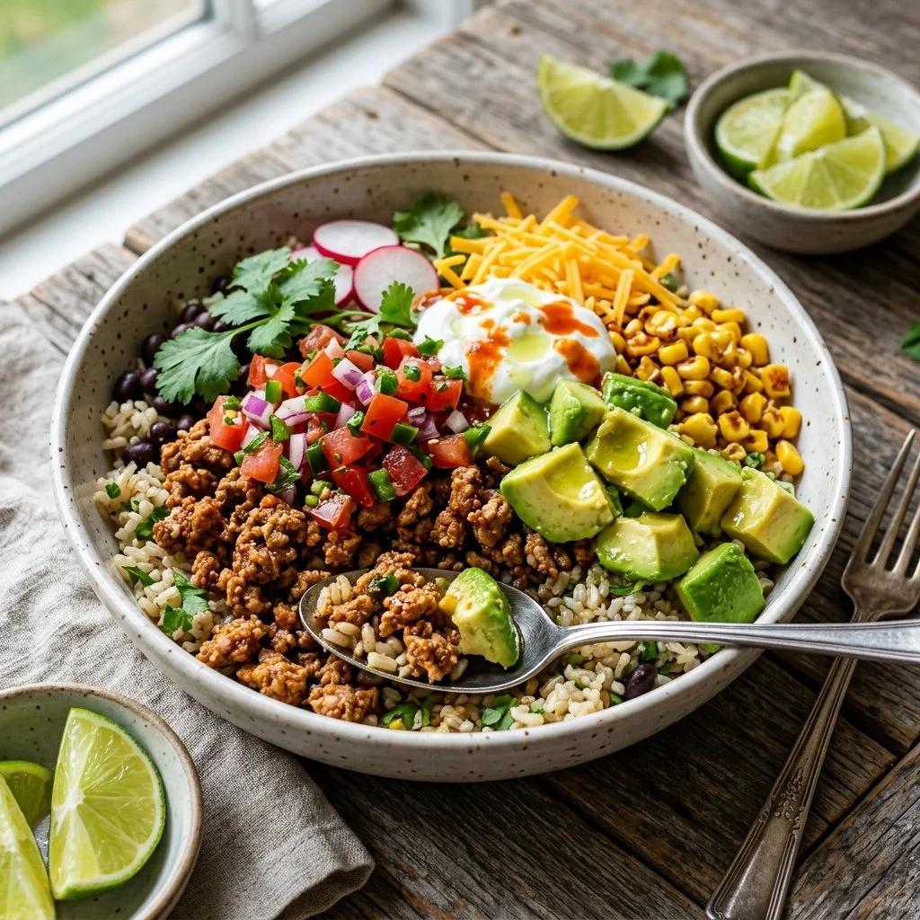 Healthy Turkey Taco Bowls with fresh toppings and spices