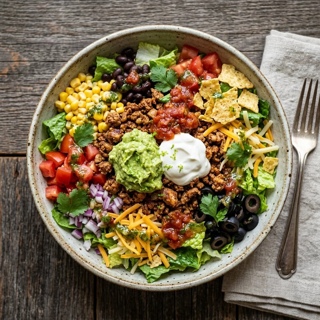 Healthy Turkey Taco Salad with fresh vegetables and lean turkey meat