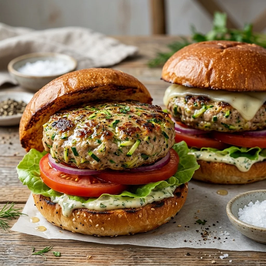 Delicious Turkey Zucchini Burgers on a plate with fresh ingredients