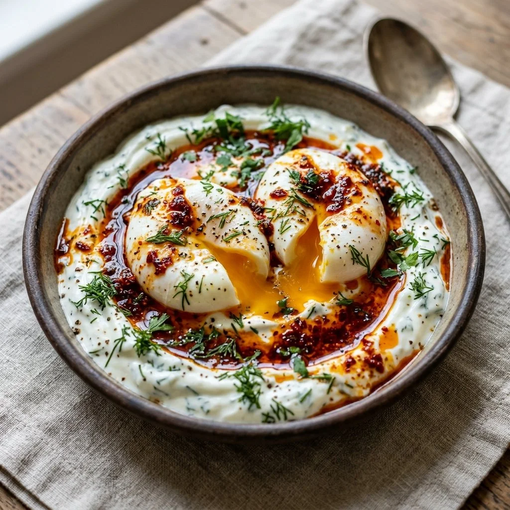 Delicious Turkish Eggs Cilbir with poached eggs, yogurt, and spicy butter sauce.