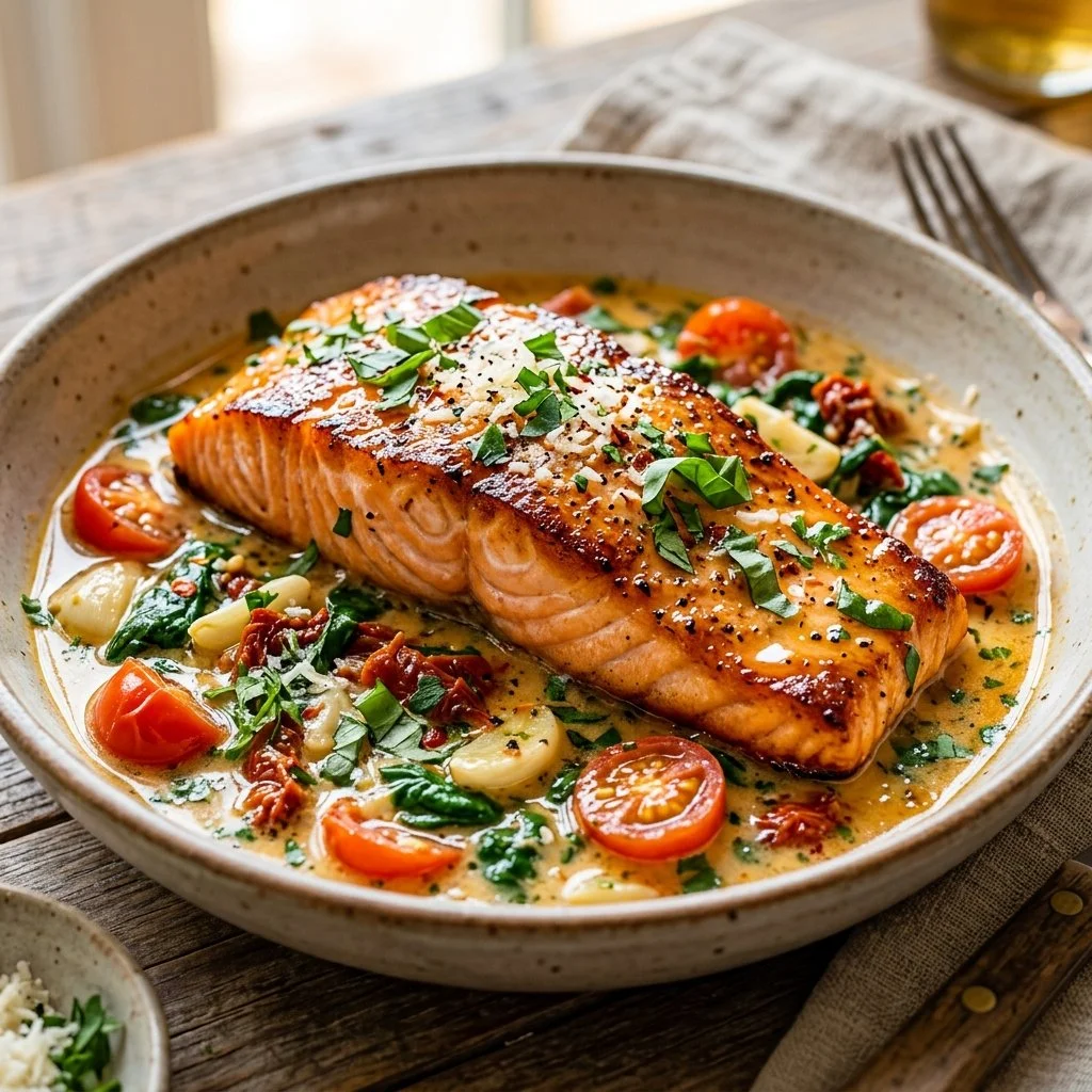 Delicious Tuscan Butter Salmon with herbs and creamy sauce