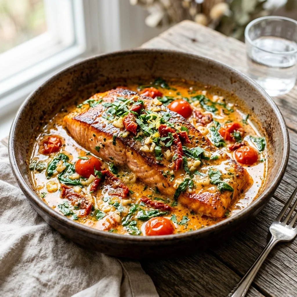Delicious Tuscan Butter Salmon garnished with herbs and tomatoes