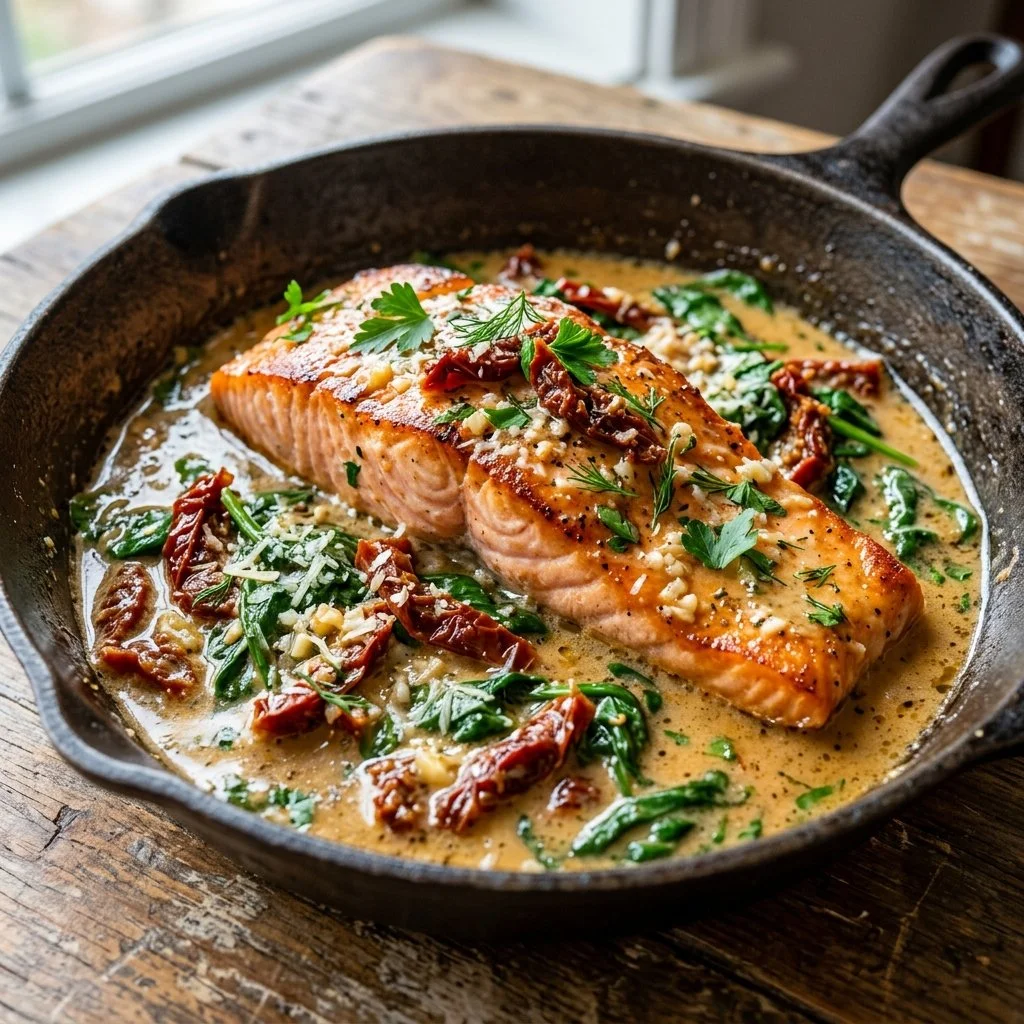 Delicious Tuscan Butter Salmon garnished with herbs and served on a plate