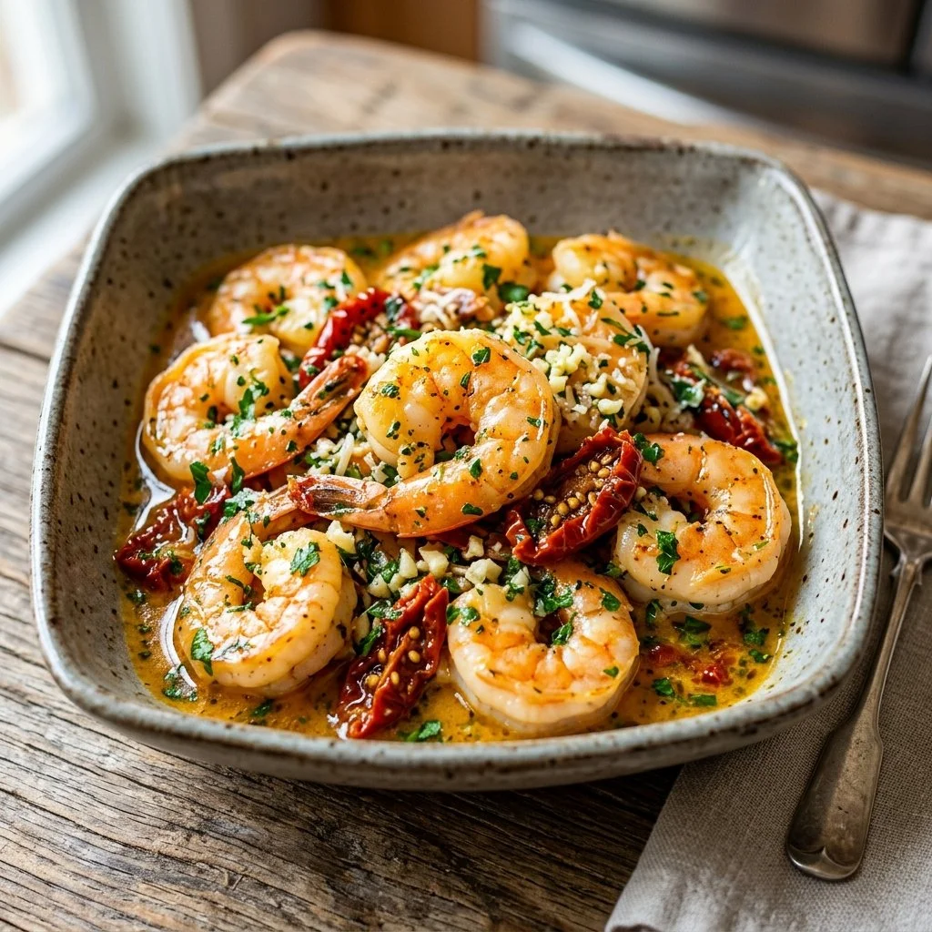 Delicious Tuscan Butter Shrimp served on a plate with herbs and garlic
