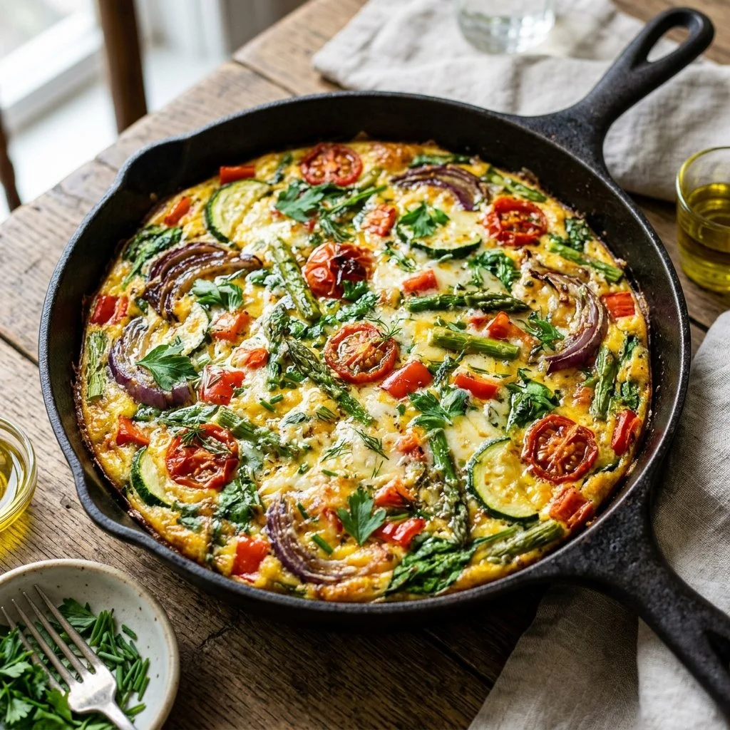 Delicious and colorful vegetable frittata served on a plate with fresh herbs