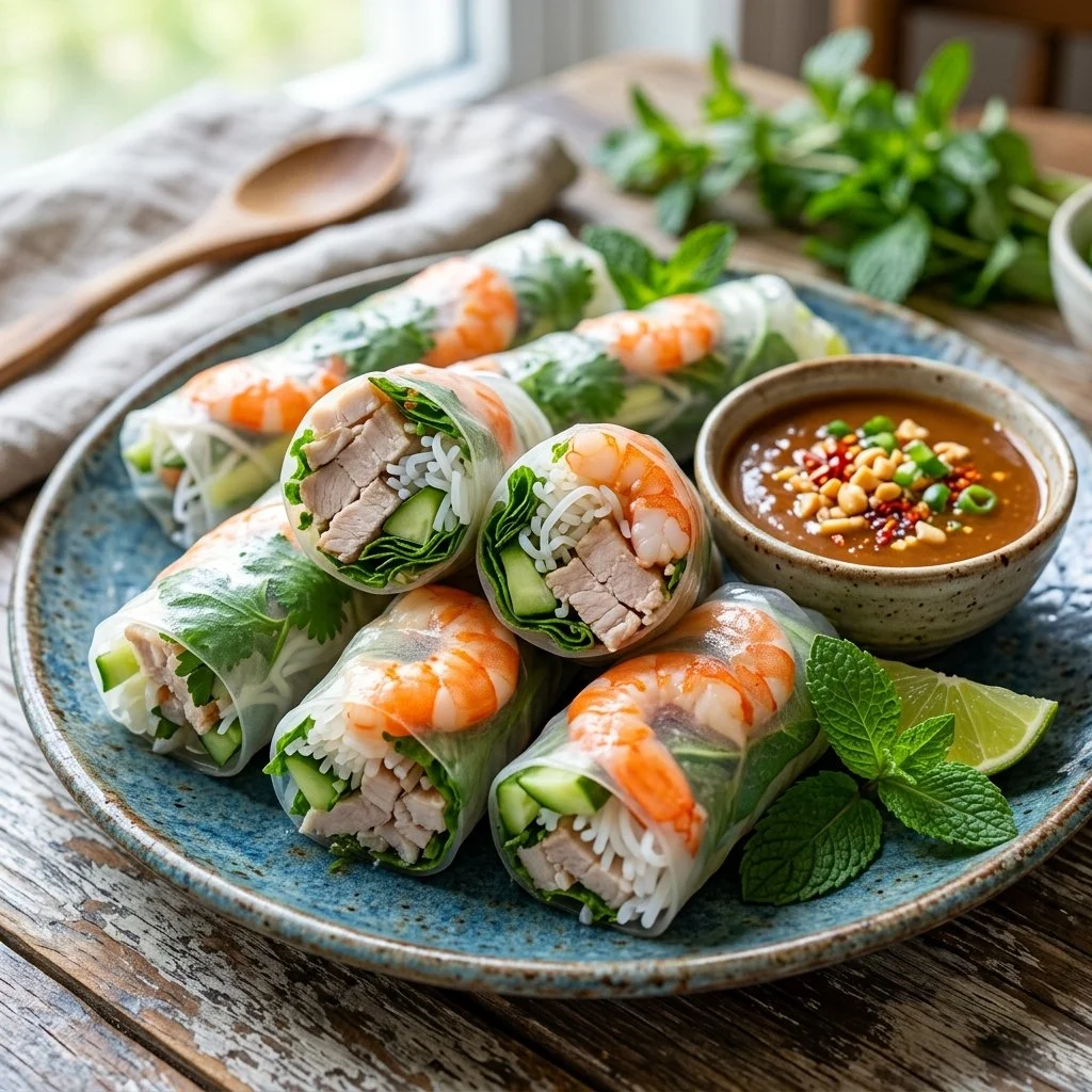 Fresh Vietnamese spring rolls filled with vegetables and herbs