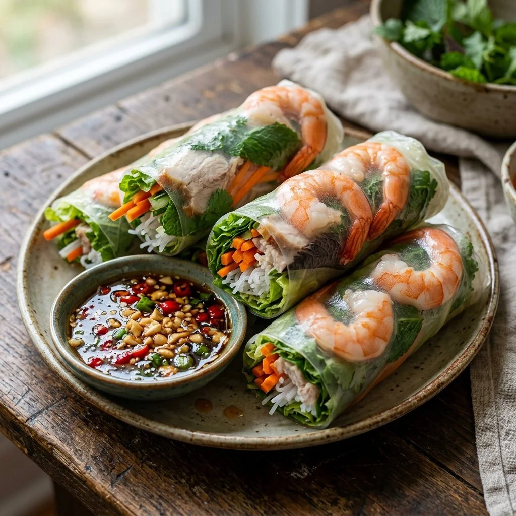 Delicious Vietnamese spring rolls served with dipping sauce