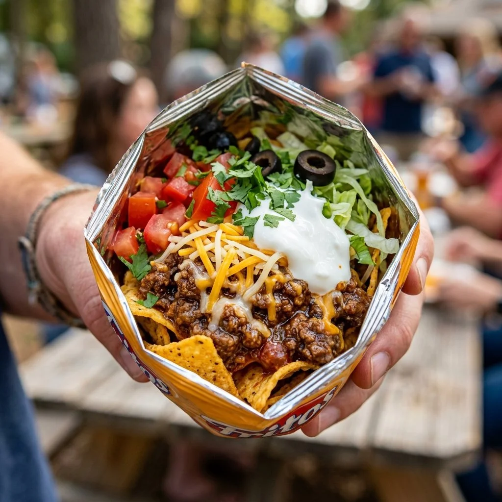 A delicious Walking Taco served in a bag with toppings like cheese and salsa.