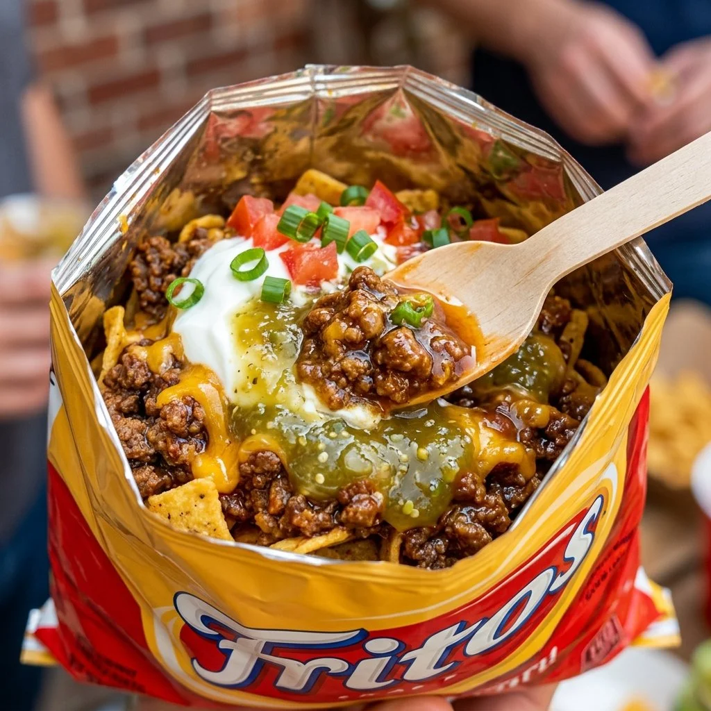 Delicious Walking Tacos served in a bag with various toppings