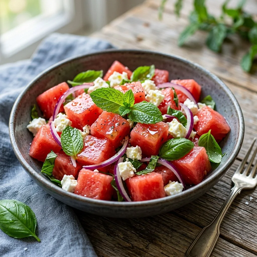 Colorful Watermelon Feta Salad with mint and cucumbers in a bowl