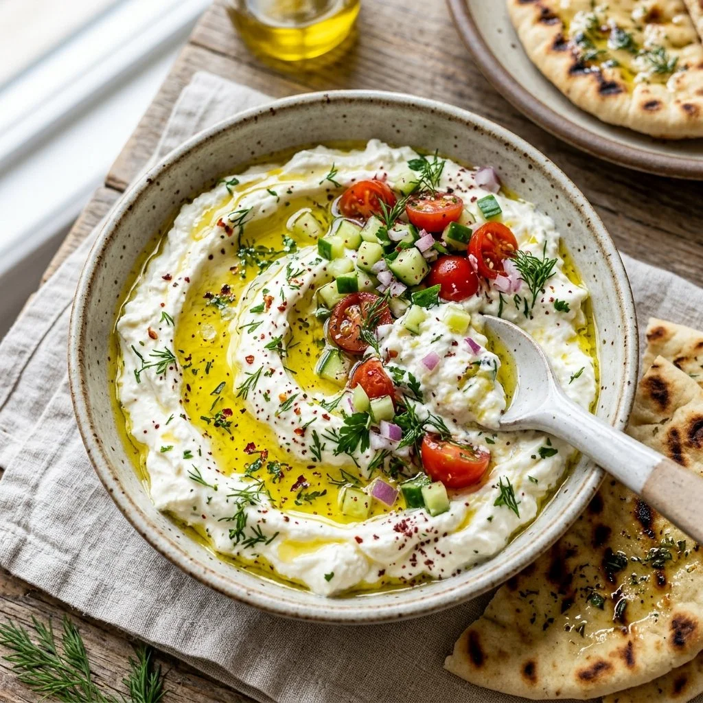 Delicious whipped feta dip garnished with herbs and served with pita bread