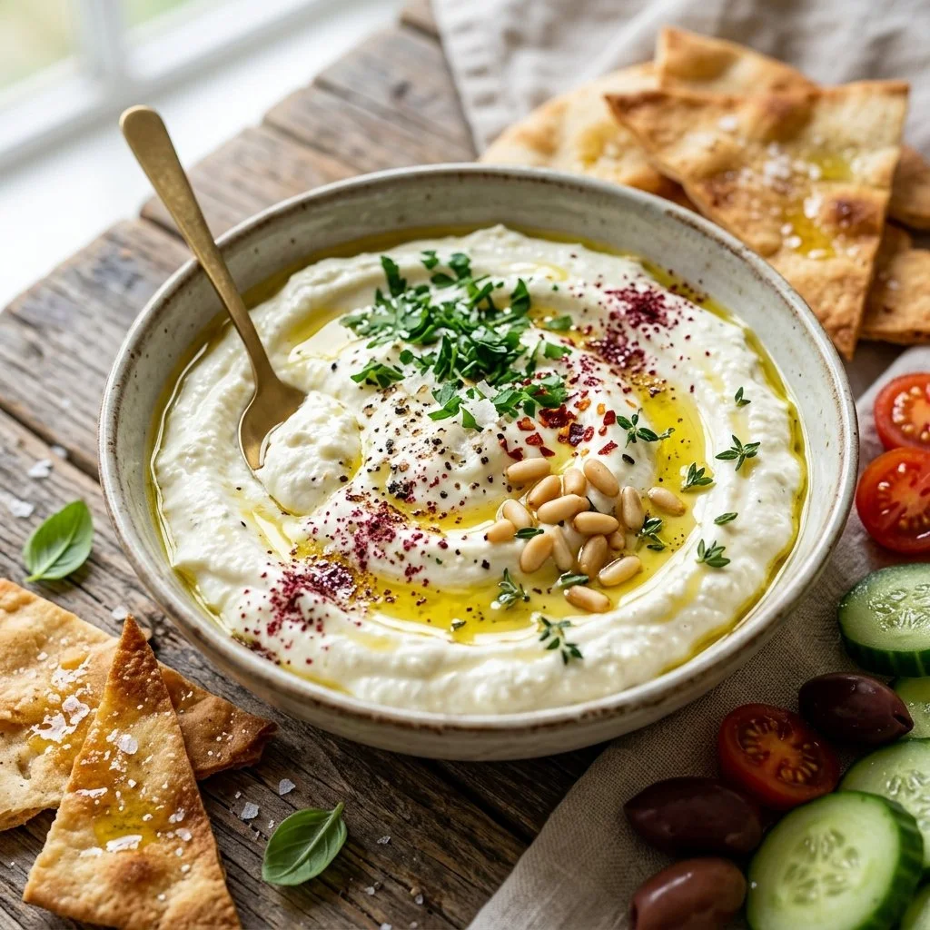 Delicious whipped feta dip served in a bowl with herbs and bread for dipping