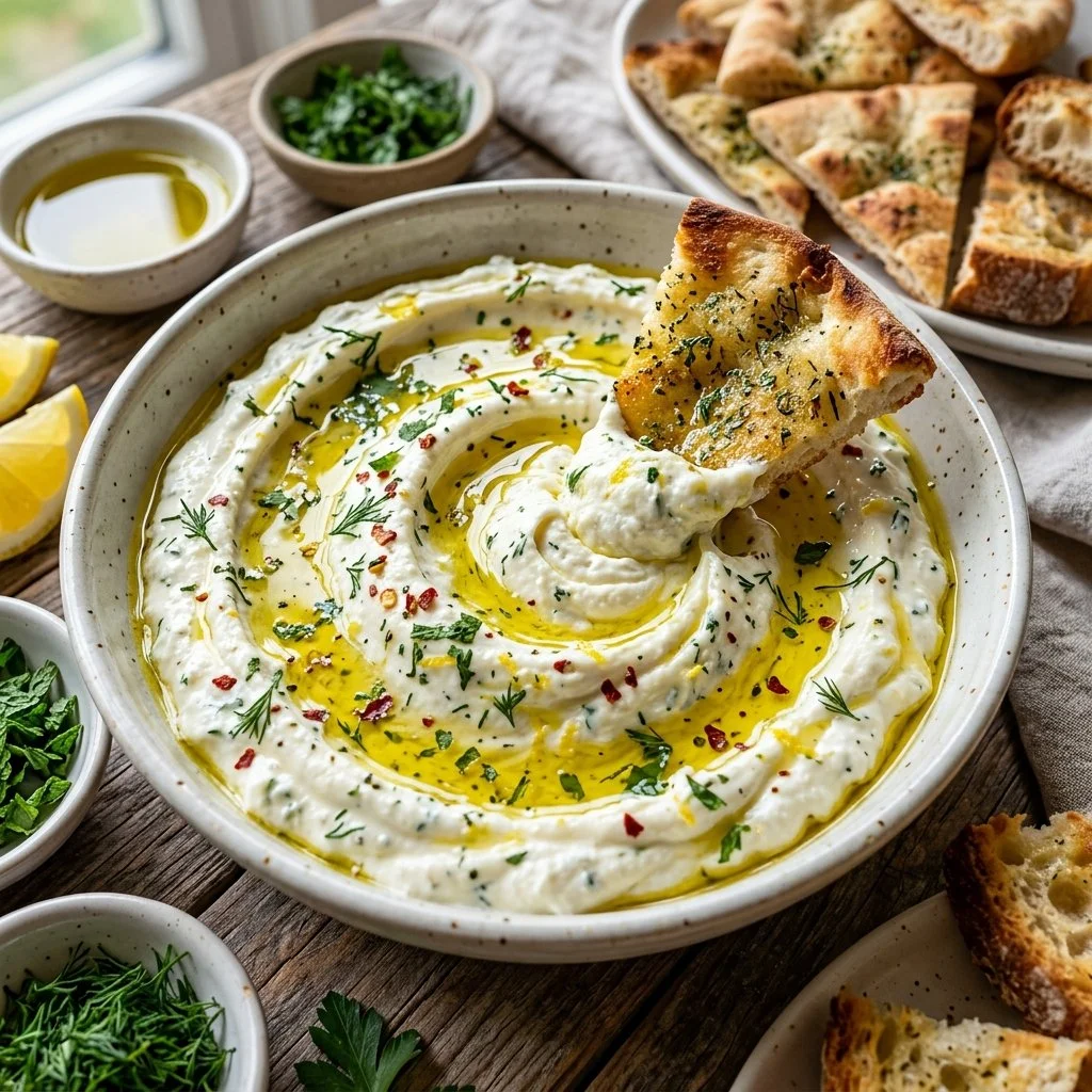 Bowl of whipped feta dip garnished with herbs and served with pita bread