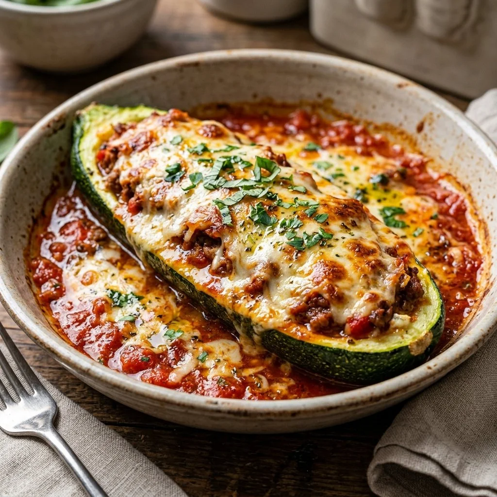 Zucchini Boat Lasagna filled with layers of cheese and vegetables