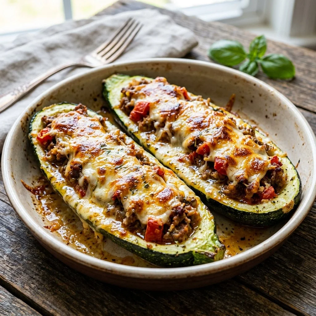 A plate of baked zucchini boats filled with savory ingredients and cheese.